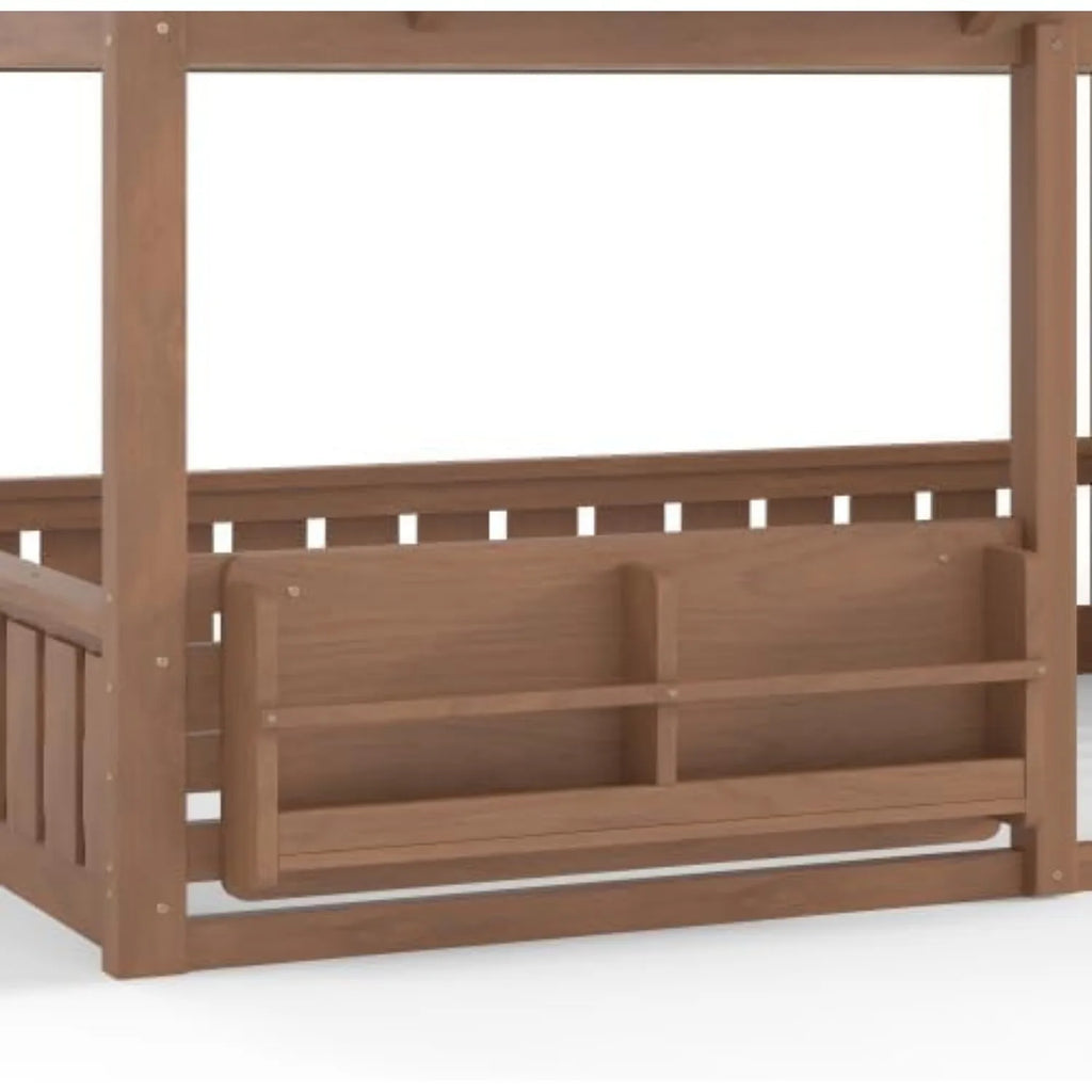 Full Size House Bunk Bed with Bookshelf Safety Fencing Shelves Ladder Kids Floor Bedroom Furniture Natural Wood Custom