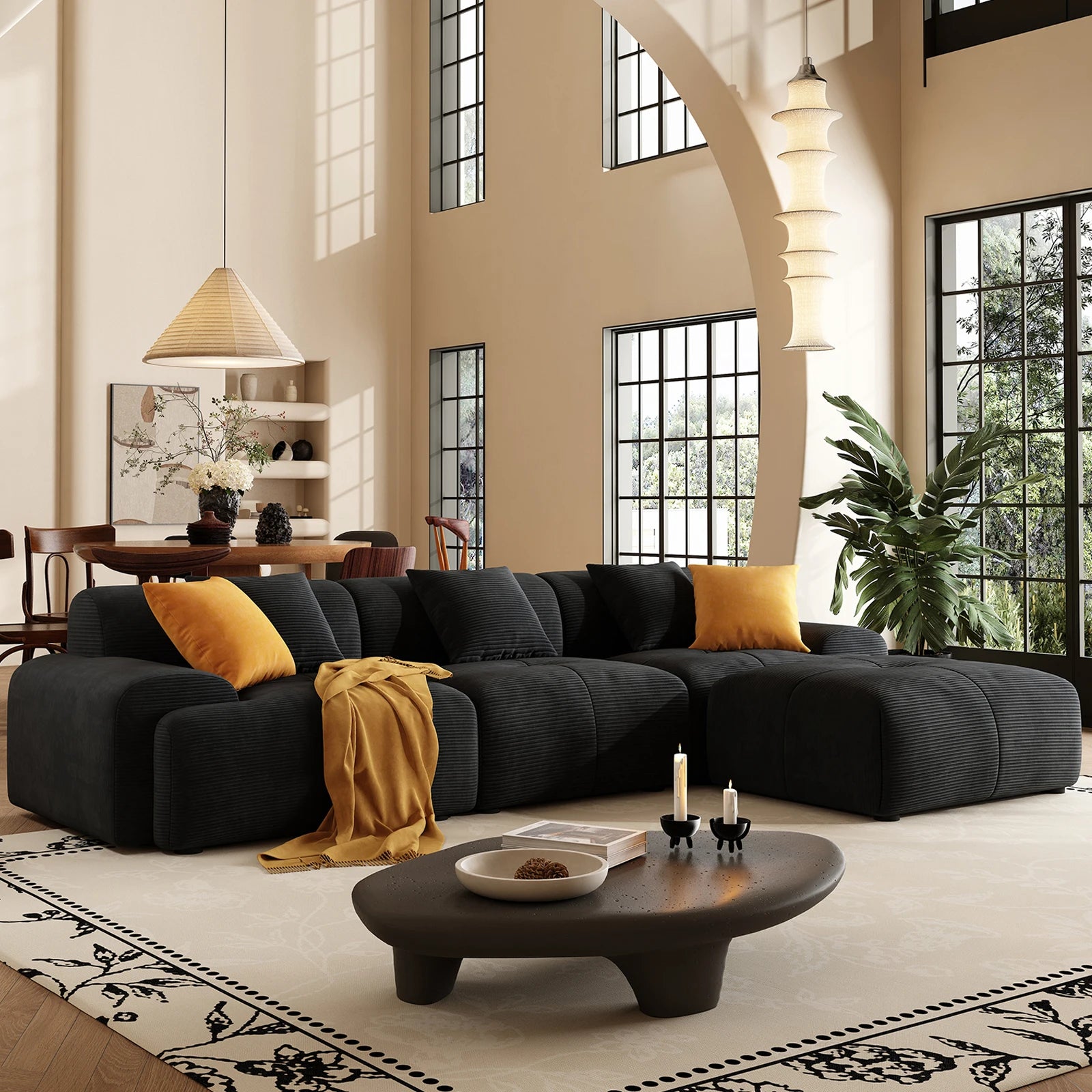113" Modern L-Shaped Modular Sectional Sofa for Living Room, Corduroy Upholstery Green, 3-Seater Cloud Couchand Movable Ottoman
