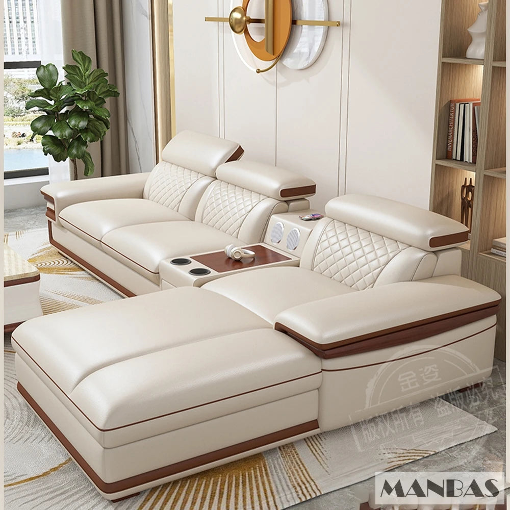 MINGDIBAO Premium Italian Genuine Leather Sofa Set for Living Room with Adjustable Headrests, Bluetooth Speaker, Wireless Charge