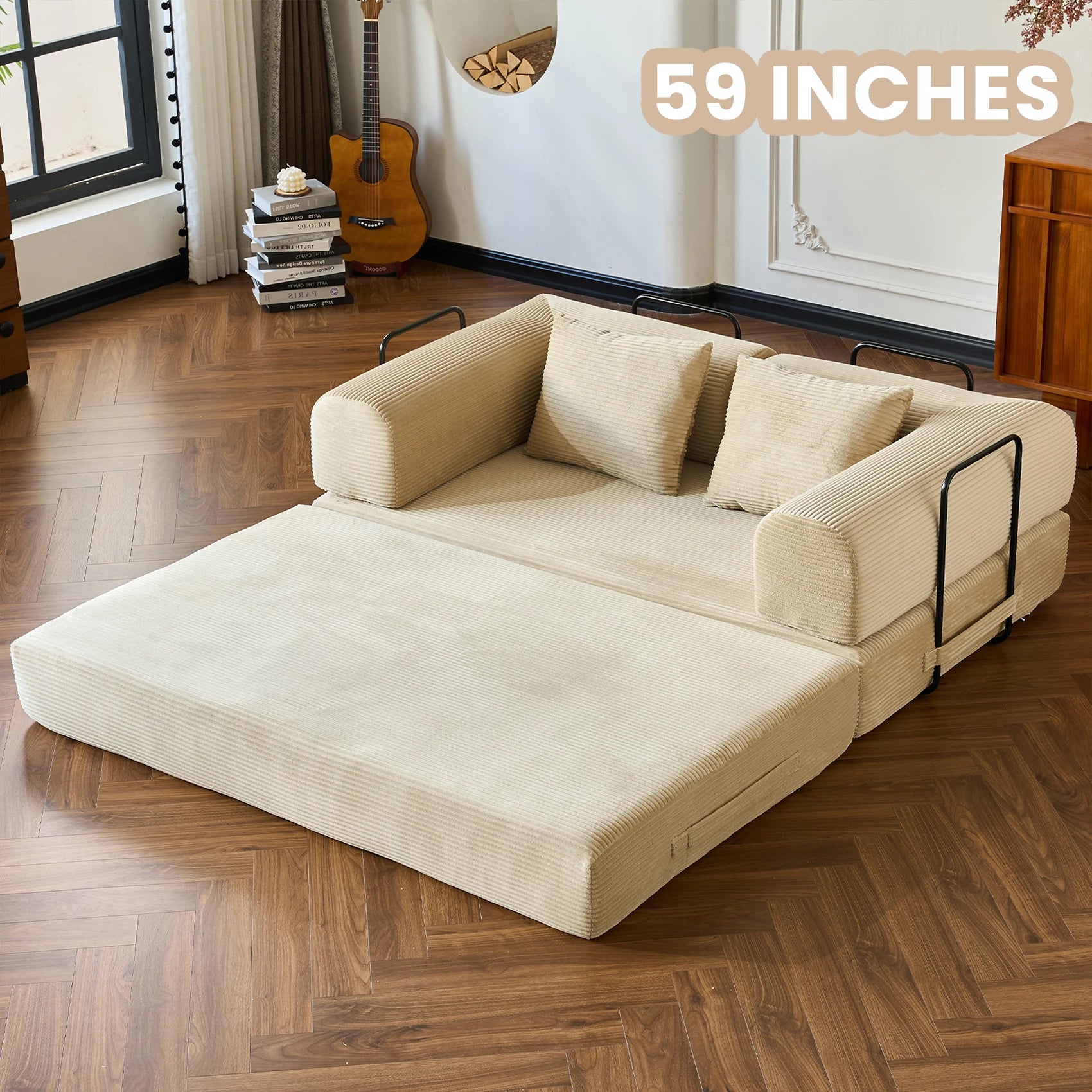 79'' Boneless Couch Foldable Convertible Futon Sleeper Sofa Bed Floor Lounge with L-Shaped Armrests for Living Room Sofas