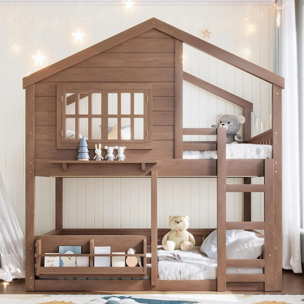 Full Size House Bunk Bed with Bookshelf Safety Fencing Shelves Ladder Kids Floor Bedroom Furniture Natural Wood Custom