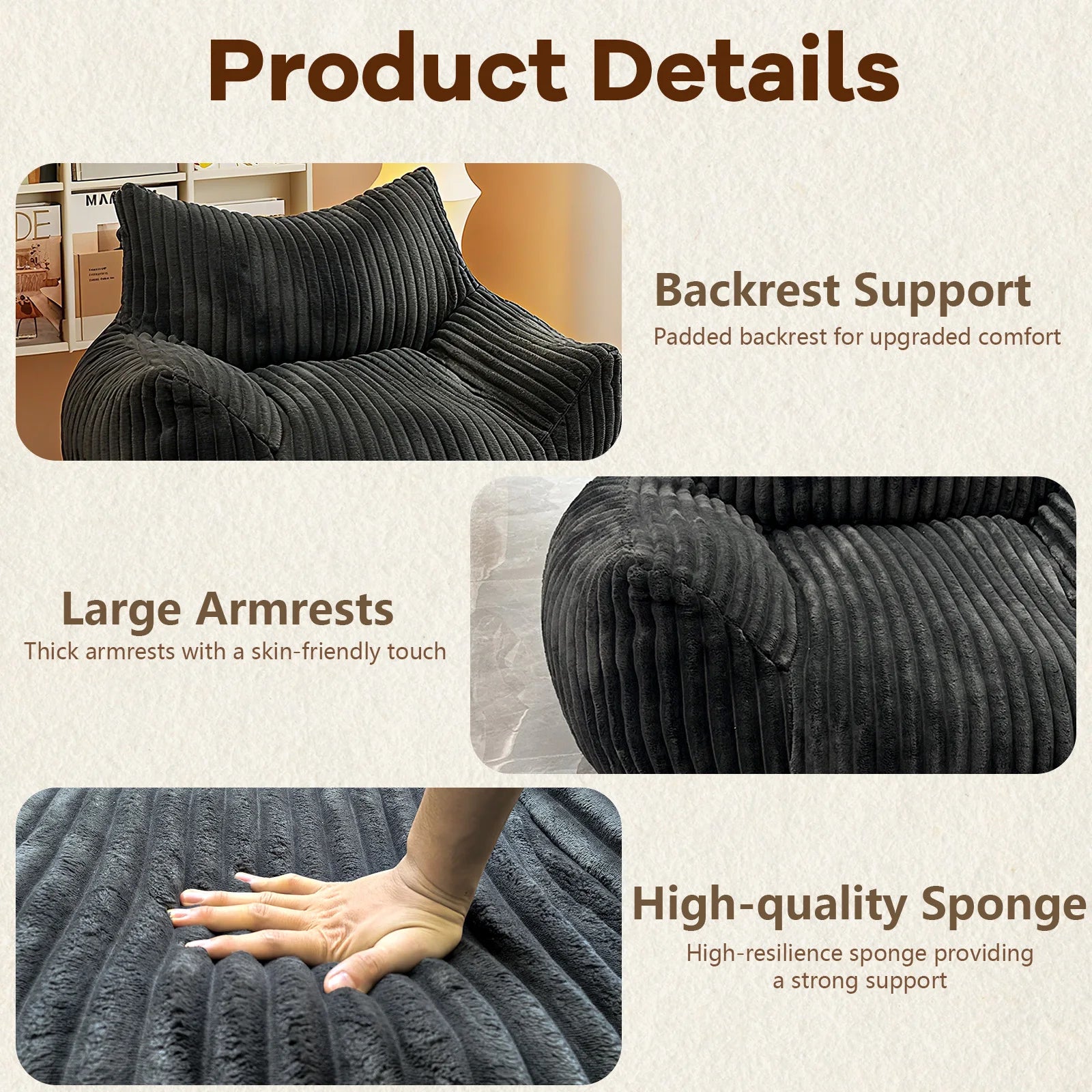 Reading Chair Bean Bag Chairs for Adults, Living Room Furniture, BeanBag Density Foam Couch, Floor Lazy Soft, Comfy Reading Nook