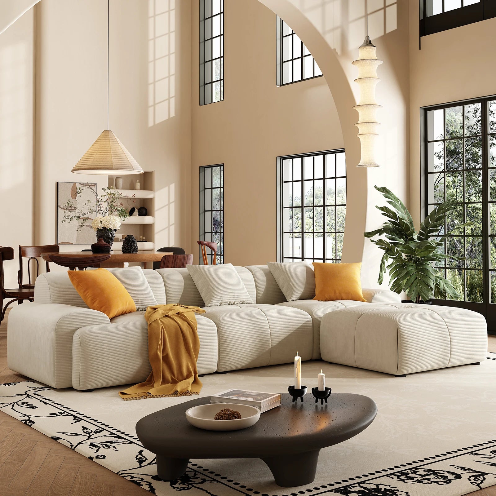113" Modern L-Shaped Modular Sectional Sofa for Living Room, Corduroy Upholstery Green, 3-Seater Cloud Couchand Movable Ottoman
